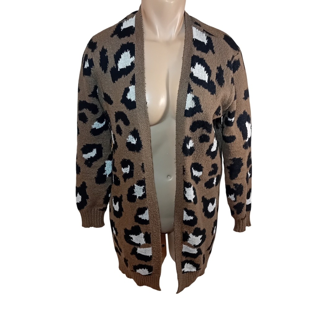 NWOT Active USA Leopard Print‎ Knit Open Duster Cardigan Sweater Cozy Bohemian M